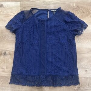 Express Weomens  Blue Lace Short Sleeve See Thru Sleeve Button Back‎ Size S